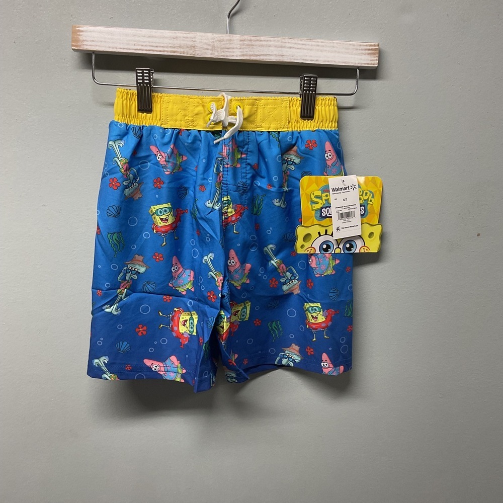Boys SpongeBob‎ SquarePants Swim Trunks Size 6/7 Blue Yellow Cartoon